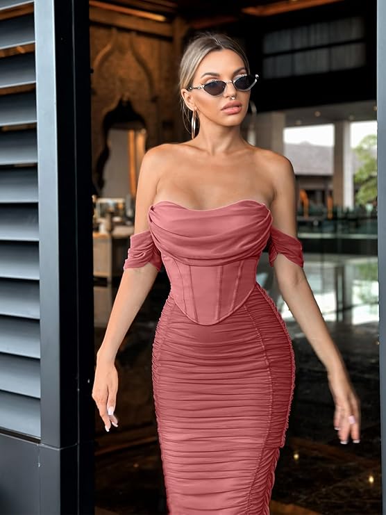 Women's Off-Shoulder Ruched Bodycon Midi Dress with Bra