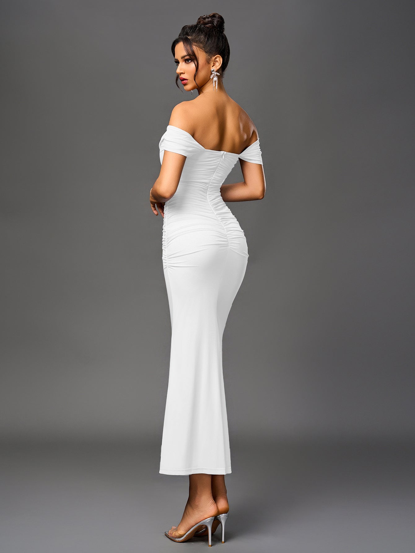 Off Shoulder Ruched Zipper Back Bodycon Dress