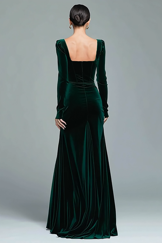 Dark Green Velvet Ruched Square Neck Long Holiday Party Dress with Slit