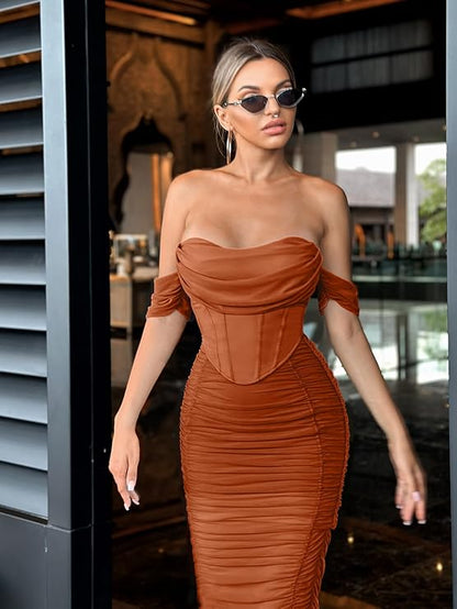 Women's Off-Shoulder Ruched Bodycon Midi Dress with Bra