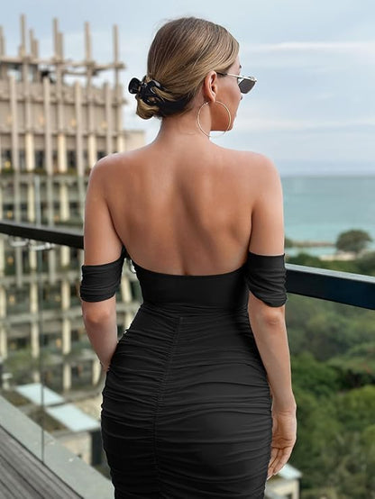 Women's Off-Shoulder Ruched Bodycon Midi Dress with Bra