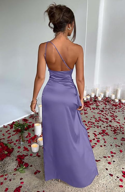 Women’s One-Shoulder Satin High Split Maxi Dress