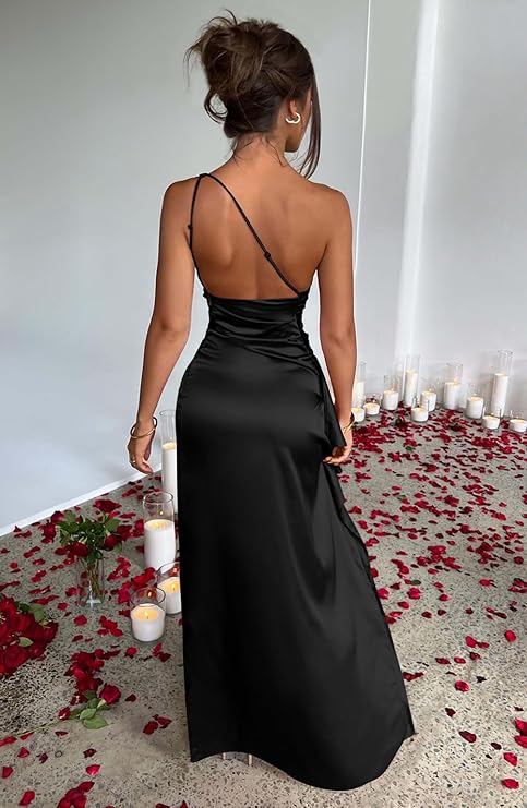 Women’s One-Shoulder Satin High Split Maxi Dress