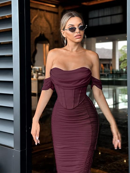 Women's Off-Shoulder Ruched Bodycon Midi Dress with Bra
