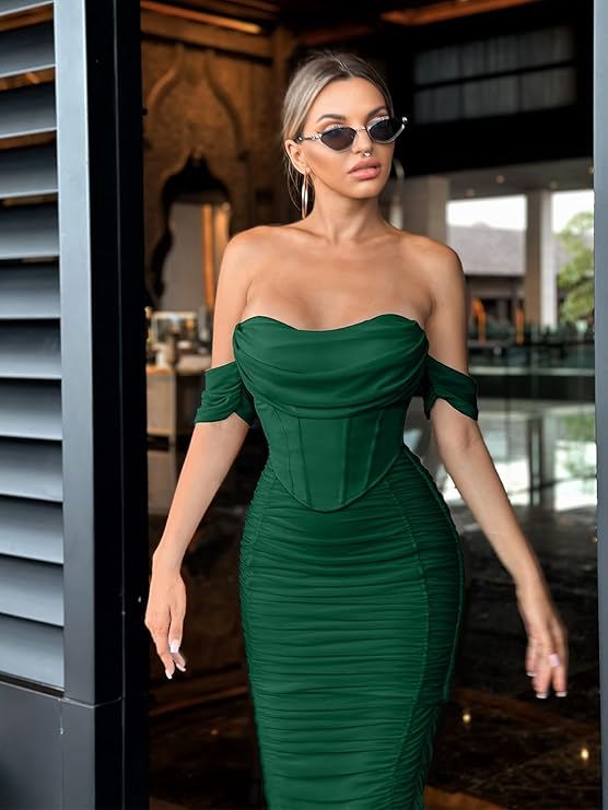 Women's Off-Shoulder Ruched Bodycon Midi Dress with Bra