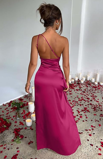 Women’s One-Shoulder Satin High Split Maxi Dress