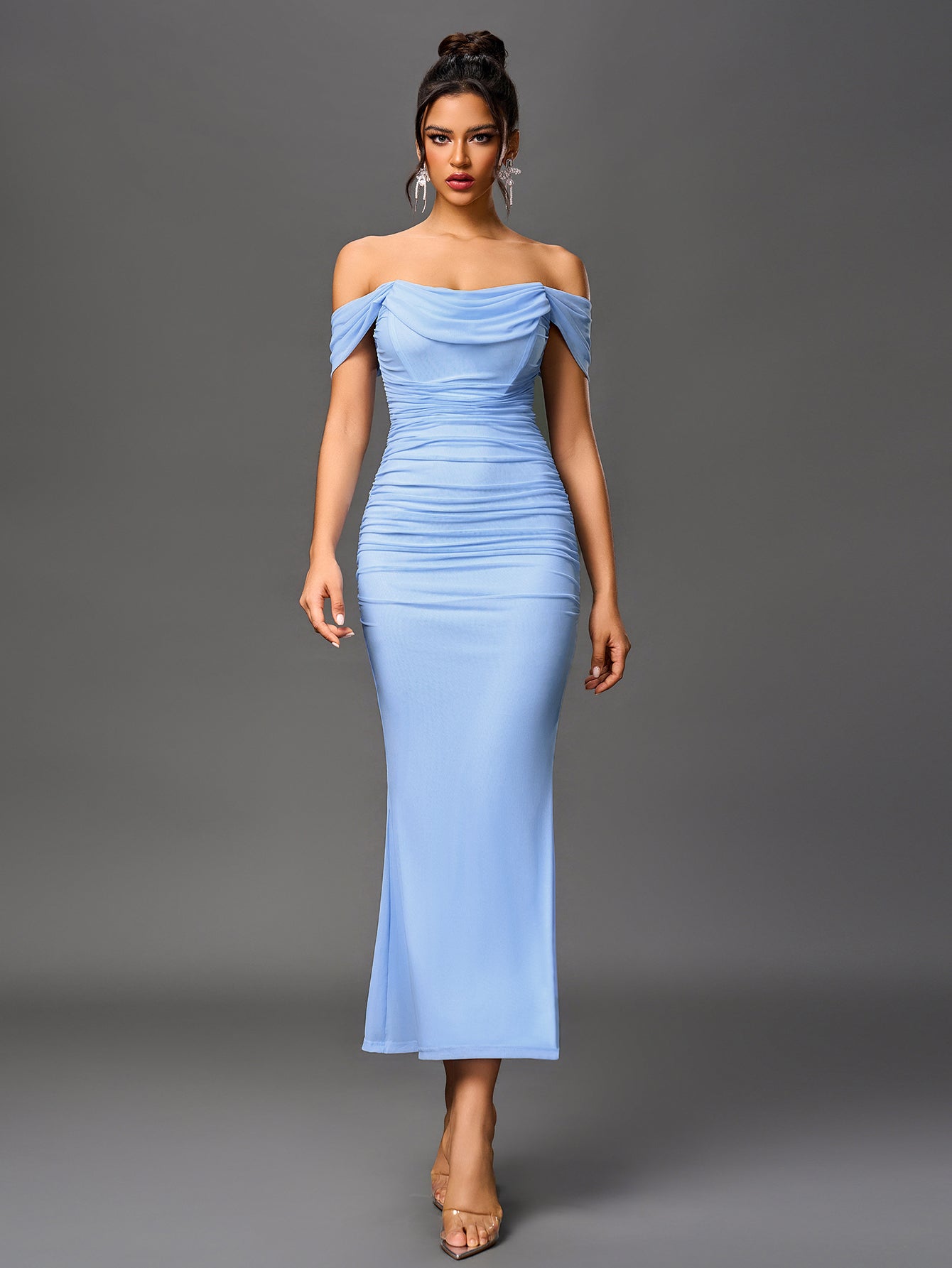 Off Shoulder Ruched Zipper Back Bodycon Dress