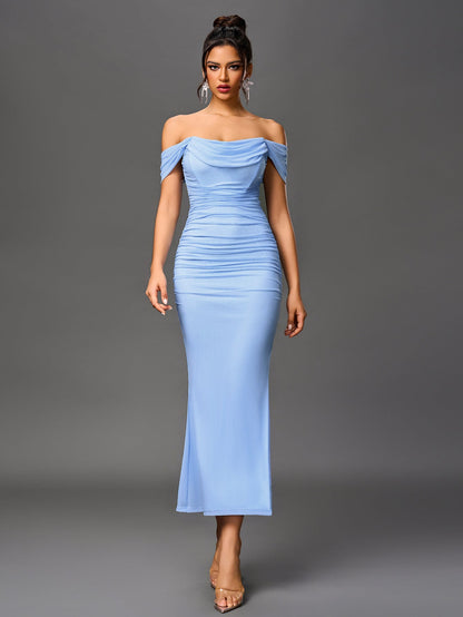 Off Shoulder Ruched Zipper Back Bodycon Dress