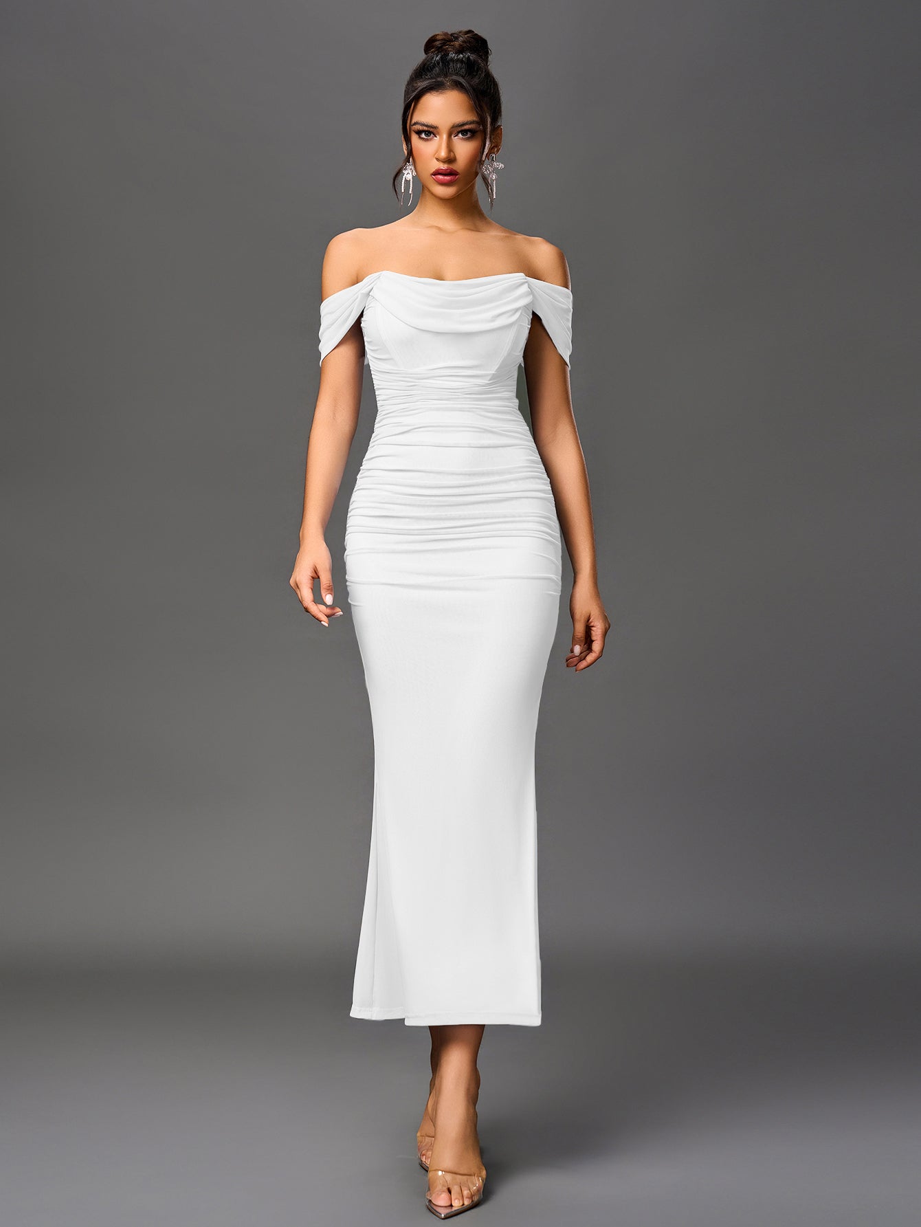 Off Shoulder Ruched Zipper Back Bodycon Dress