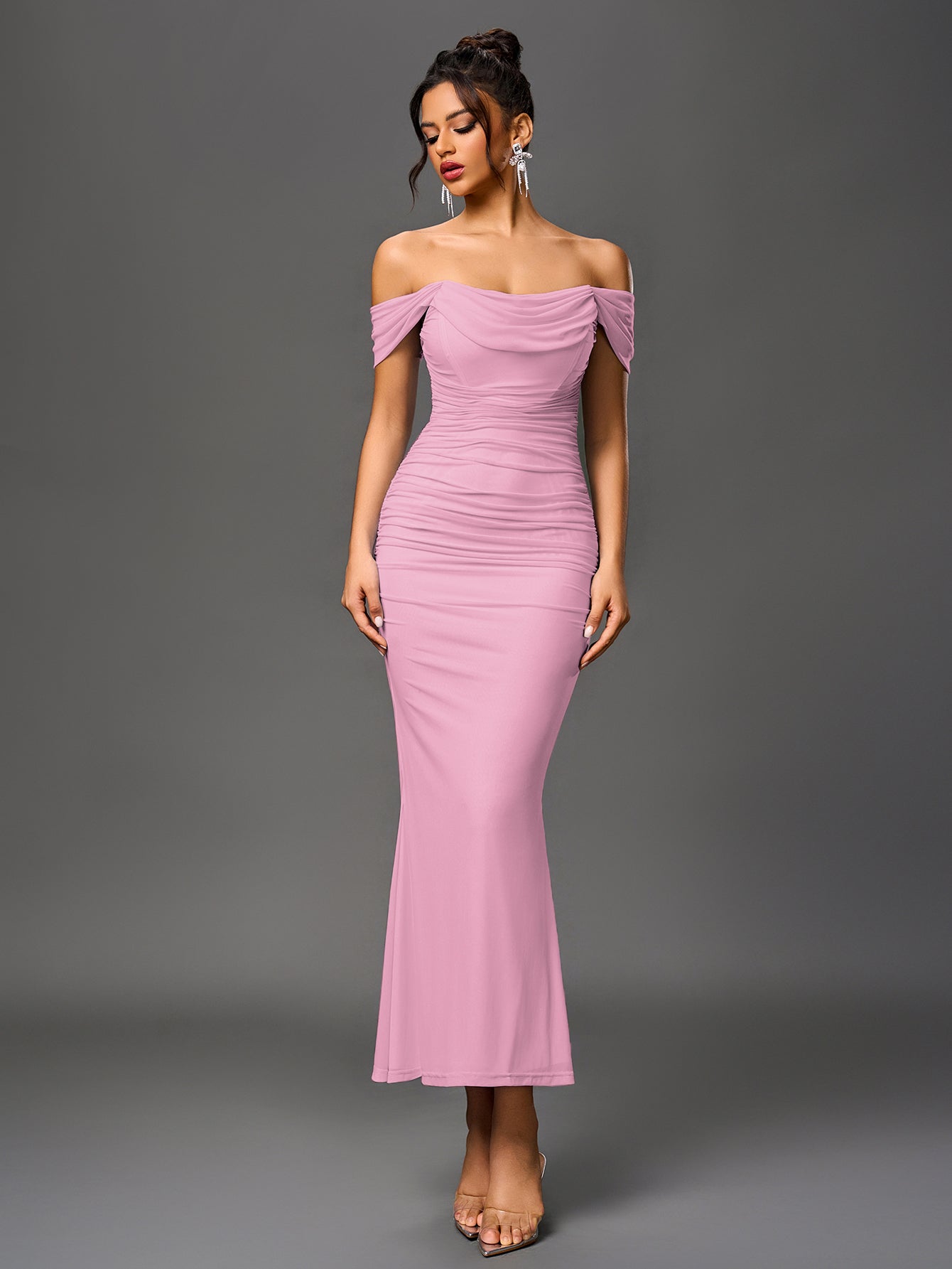 Off Shoulder Ruched Zipper Back Bodycon Dress