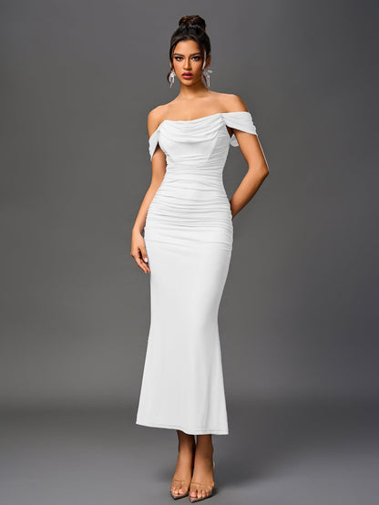 Off Shoulder Ruched Zipper Back Bodycon Dress