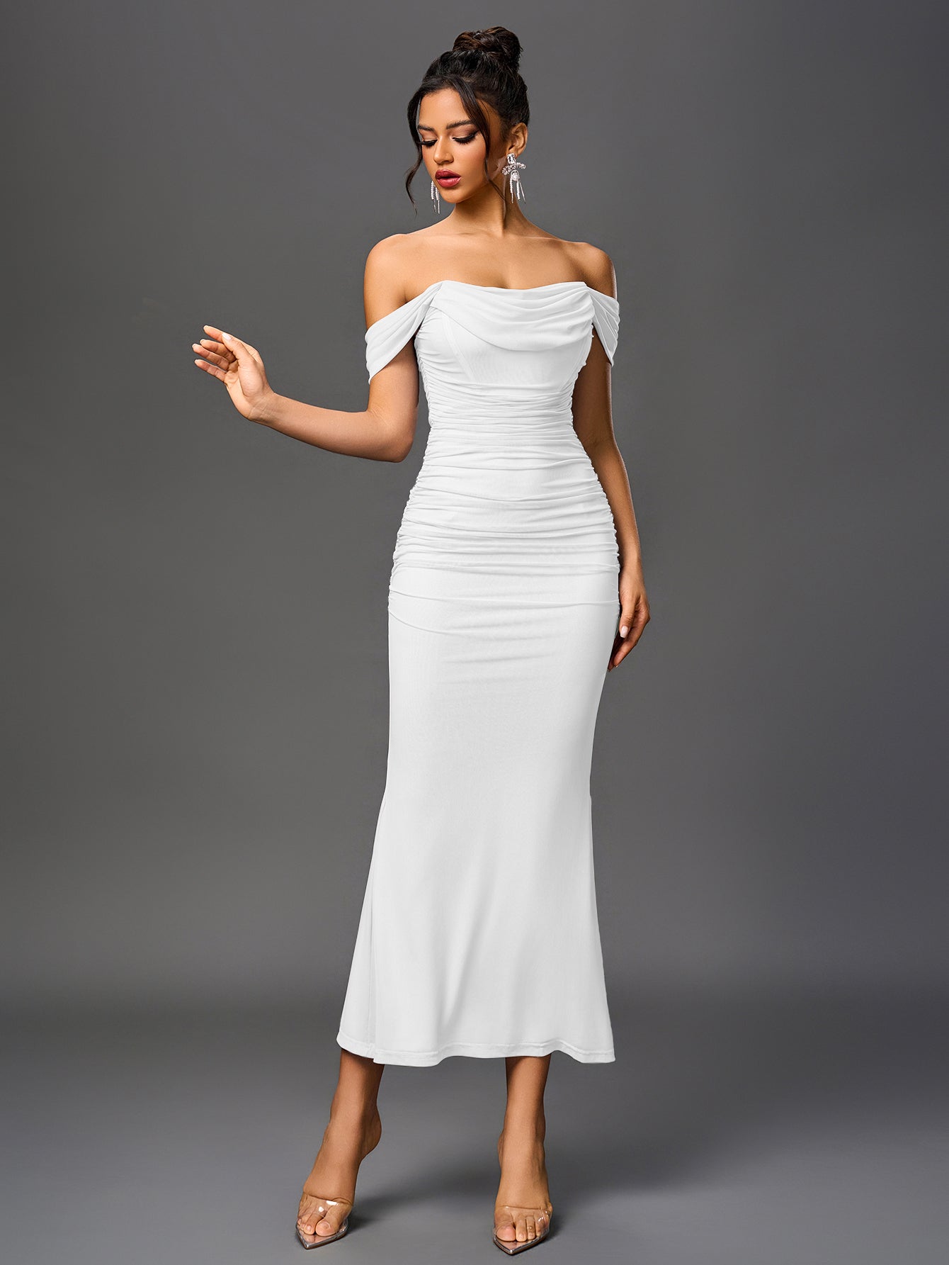 Off Shoulder Ruched Zipper Back Bodycon Dress