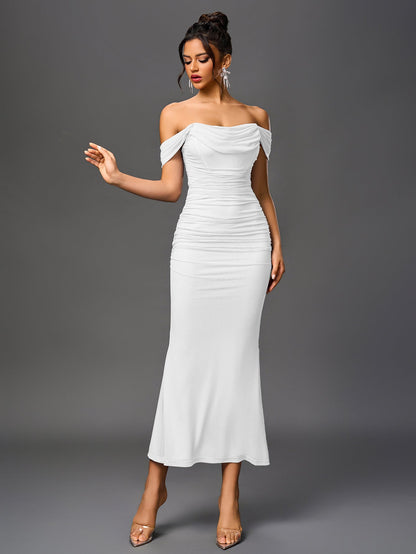 Off Shoulder Ruched Zipper Back Bodycon Dress